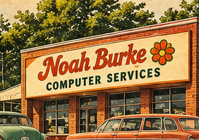 Illustrated Noah Burke Computer Services storefront with vintage cars and trees